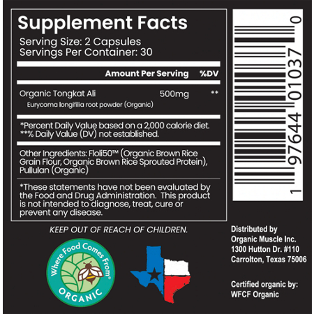 Supplement Facts label for Organic Muscle Inc Tongkat Ali 500mg