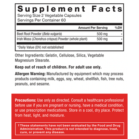 Supplement Facts label for Force Factor Beet Root + Sea Moss capsules 1000 MG
