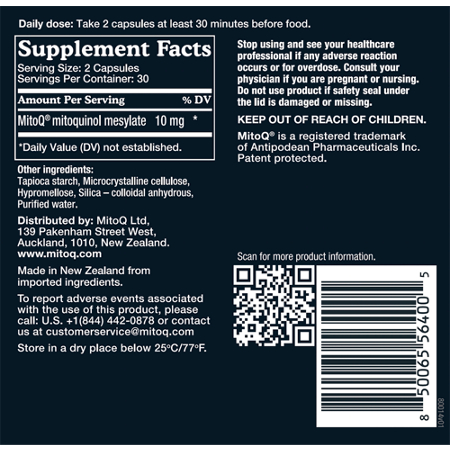 MitoQ Pure Supplement Facts Label with Mitoquinol Capsules
