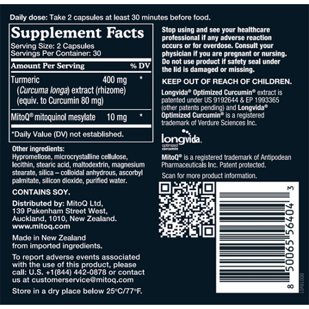 Supplement Facts label for MitoQ Curcumin for Cell Vitality with Longvida