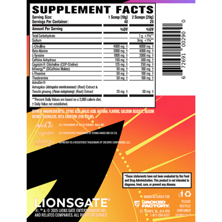 Supplement Facts label for Jacked Factory pre-workout