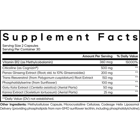 Supplement Facts label for Codeage Brain Focus Vitamins Plus