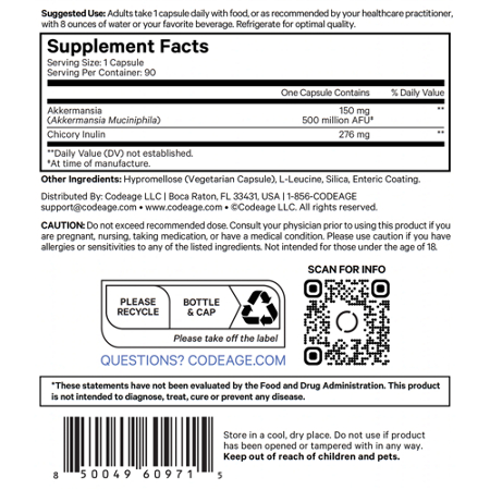 Supplement Facts label for Codeage Akkermansia 500 Ultra capsules 500 MG