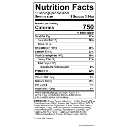 Supplement Facts: Transparent Labs Mass Gainer Vanilla