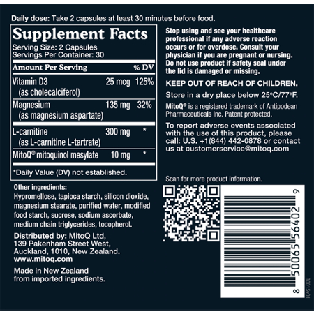 Supplement Facts label for MitoQ Heart+ with key nutrients