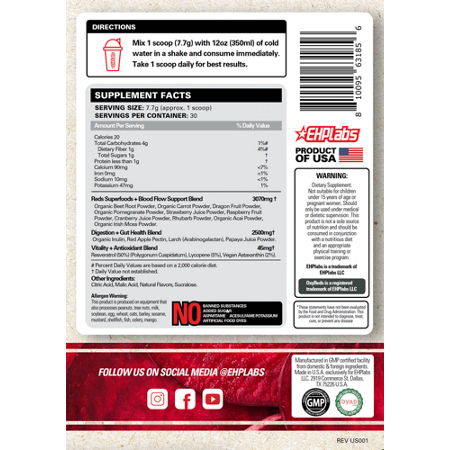 Supplement Facts label for EHP Labs OxyRed Daily SuperFoods Raspberry Refresh