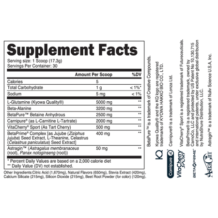 Supplement Facts label for Strawberry Lemonade Recovery Supplement