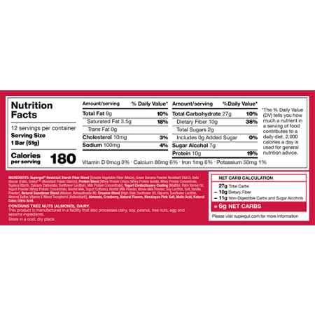 Supplement Facts for Strawberry Almond Prebiotic Bar