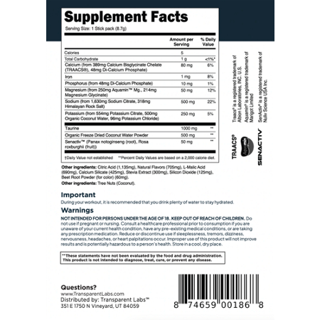Supplement Facts label for Hydrate Electrolyte Formula