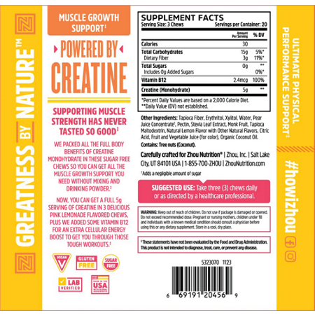 Supplement Facts label for Zhou Nutrition Creatine Chews Muscle Growth Support