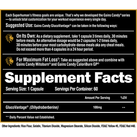 Supplement Facts label for Alpha Lion Gains Candy GlucoVantage Capsules 100 MG