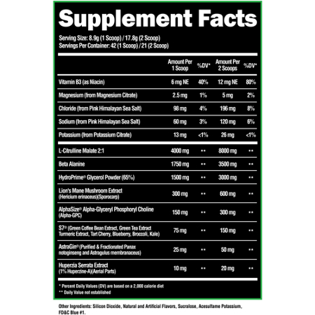 Supplement Facts label for Alpha Lion Blue Steel Mojito
