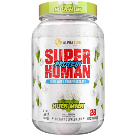 Alpha Lion Superhuman 100% Whey Protein Isolate Hulk Milk bottle front