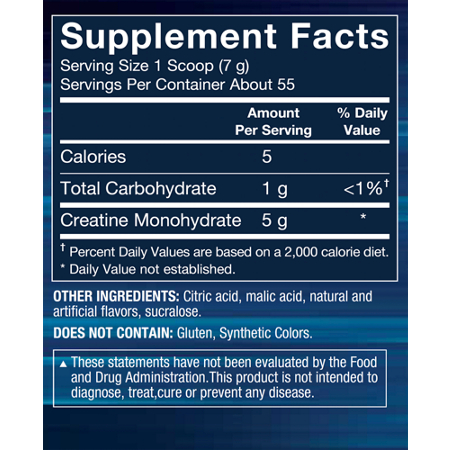 Supplement Facts label for BodyTech Creatine Monohydrate Powder Cherry Ice