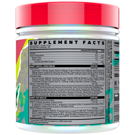 Supplement Facts label for GHOST Greens Superfood Pink Lemonade