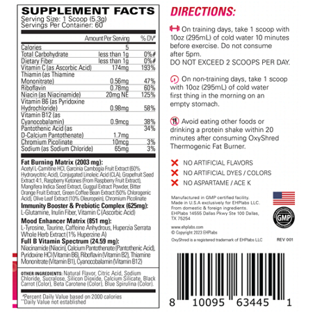Supplement Facts label for EHP Labs OxyShred Thermogenic Fat Burner Dr Soda Pop