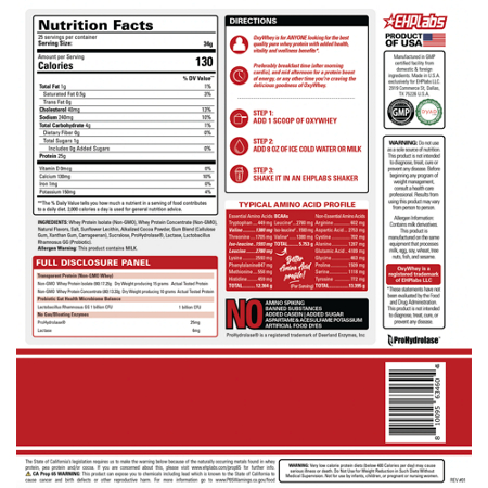 Supplement Facts label for EHP Labs OxyWhey Daily Lean Whey Protein