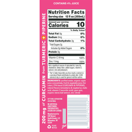 Supplement Facts label for ZYN Turmeric Antioxidant Drink Mixed Berry