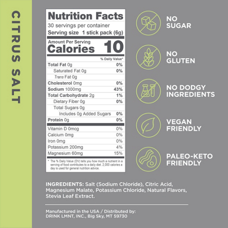 Supplement Facts label for LMNT Zero Sugar Electrolyte Drink Mix Citrus Salt