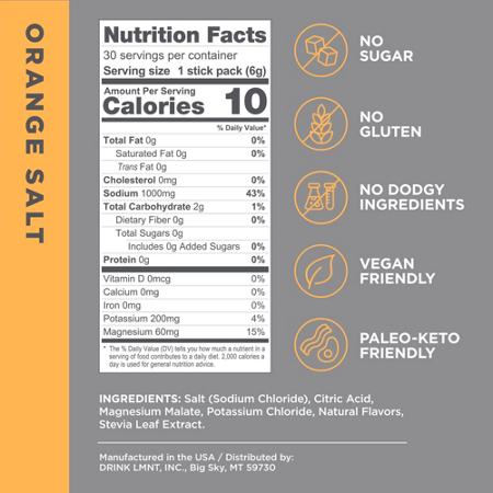 Supplement Facts label for LMNT Zero-Sugar Electrolyte Drink Mix Orange Salt