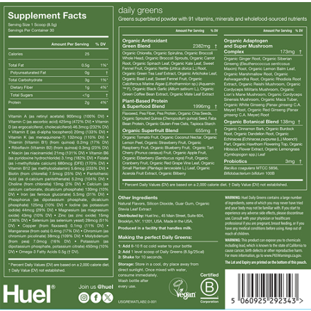 Huel Daily Greens Powder Supplement Facts Label