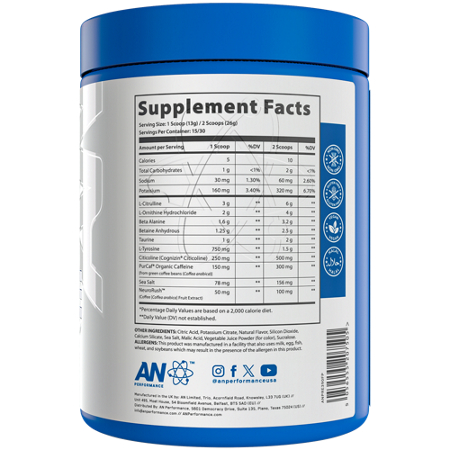 Supplement Facts label for AN PERFORMANCE Energy PreWorkout Fruit Punch