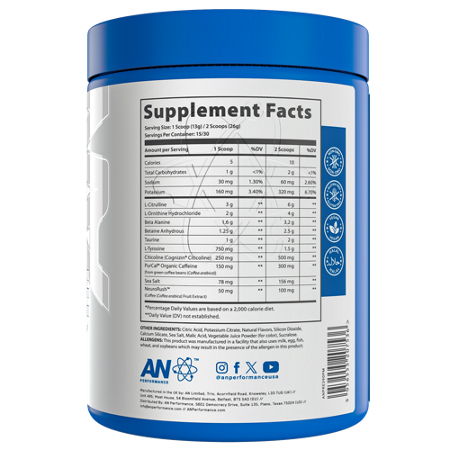 Supplement Facts label for Energy Pre-Workout Peach Mango