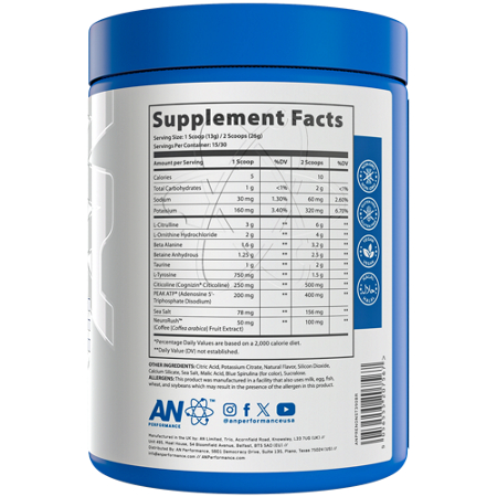 Supplement Facts: AN PERFORMANCE Pre Workout Zero Caffeine
