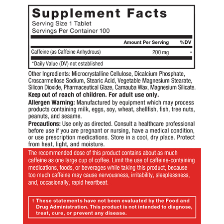 Supplement Facts label for Force Factor Caffeine Tablets