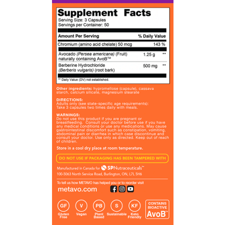 Supplement Facts label for Metavo Advanced GLP-1 Glucose Metabolism Support