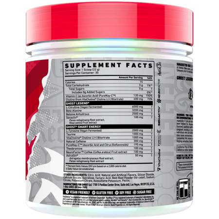 Supplement Facts label for GHOST Legend V4 Pre-Workout SONIC CHERRY LIMEADE