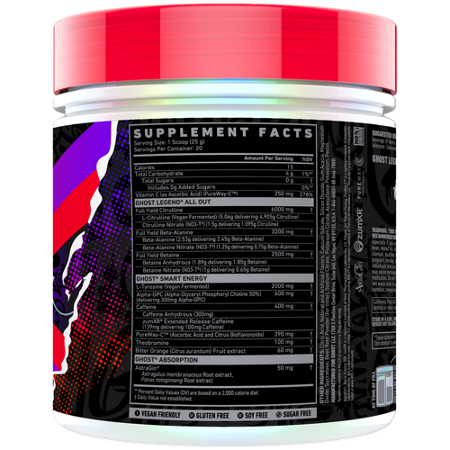 Supplement Facts label for GHOST Legend V2 All Out Pre-Workout Cherry Limeade