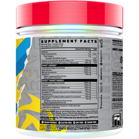 Supplement Facts label for GHOST Legend V4 Pre-Workout SWEDISH FISH