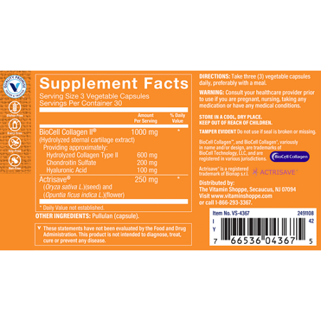 Supplement Facts label for Biocell Collagen II + Hair Growth capsules