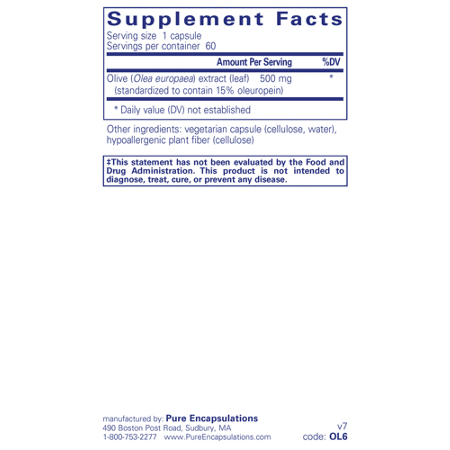 Supplement Facts label for Olive Leaf Extract 500 MG