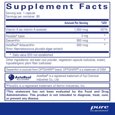 Supplement Facts label for Pure Encapsulations Vitamin A plus Carotenoids
