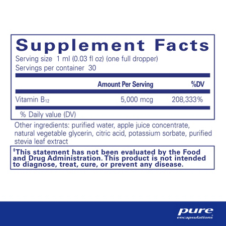 Supplement Facts label for Pure Encapsulations Liquid B12 5000mcg