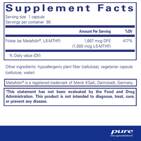 Supplement Facts label for Folate 1000 MG