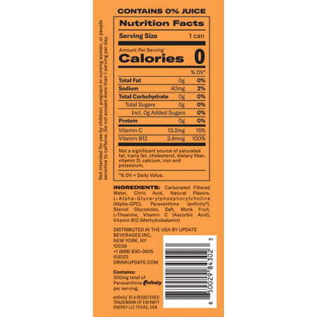 Nutrition Facts label for Update Energy Drink Mandarin Energy Drink
