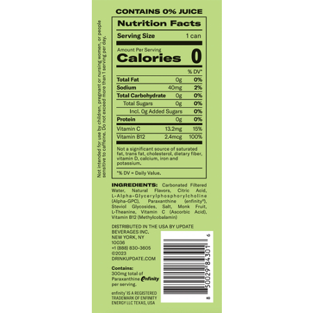 Nutrition Facts label for Update Energy Drink Energy Drink Lime