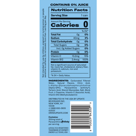 Nutrition Facts label for Update Energy Drink Berry 12 Drinks 12 Fl Oz Each
