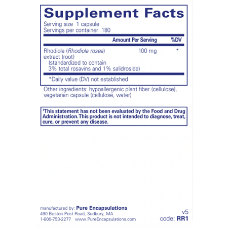 Supplement Facts label for Pure Encapsulations Rhodiola Rosea 100MG Capsules