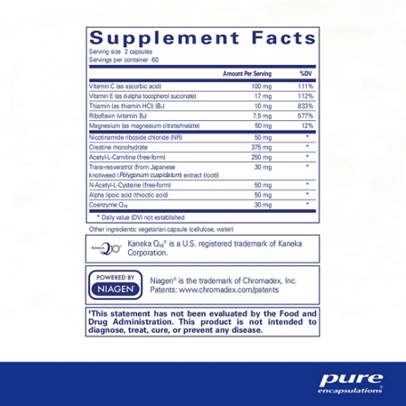 Supplement Facts label for Pure Encapsulations Mitochondria ATP with Niagen