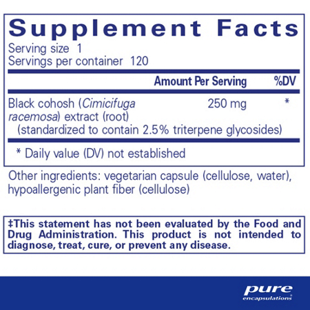 Supplement Facts label for Pure Encapsulations Black Cohosh 250 MG