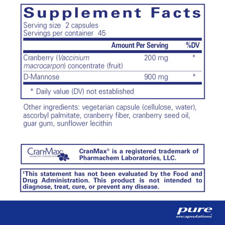 Supplement Facts label for Pure Encapsulations Cranberry d-Mannose
