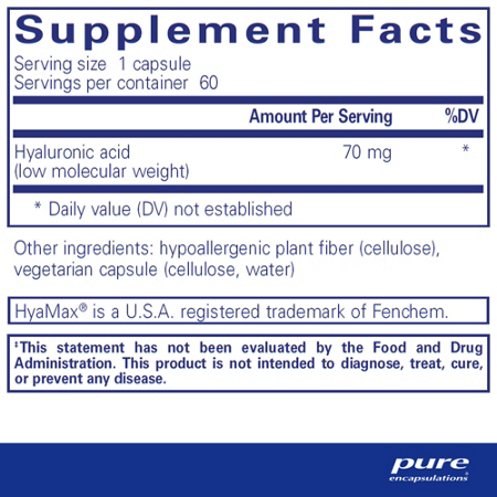 Supplement Facts label for Pure Encapsulations Hyaluronic Acid Capsules 70 MG