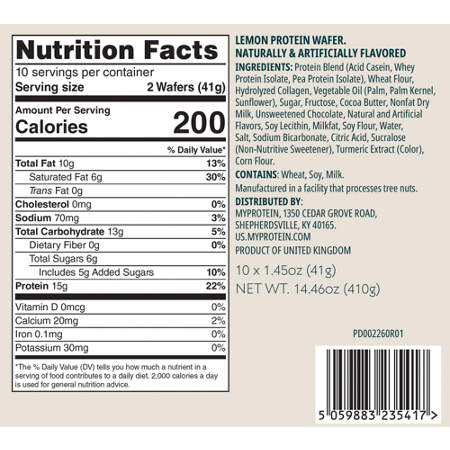 Supplement Facts label for Myprotein Protein Wafer Lemon