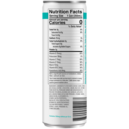 Nutrition Facts label for F3 Energy Drink Supports Mental Focus Tropical Theory