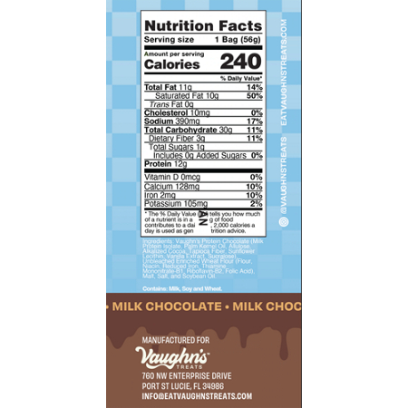 Supplement Facts label for Vaughns Treats Protein Pretzels Milk Chocolate