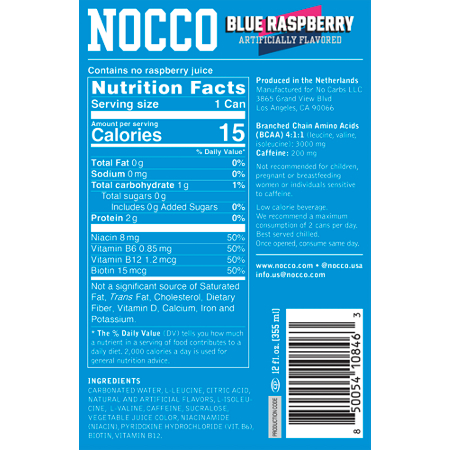 Nocco BCAA Blue Raspberry Supplement Facts Label